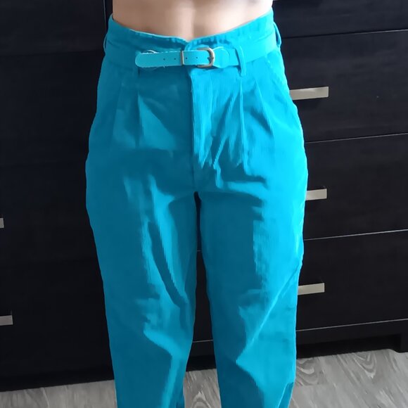 Vintage 80s Roadrunner Corduroy Pants High Waist Bright Blue Cotton Belt - Picture 5 of 8